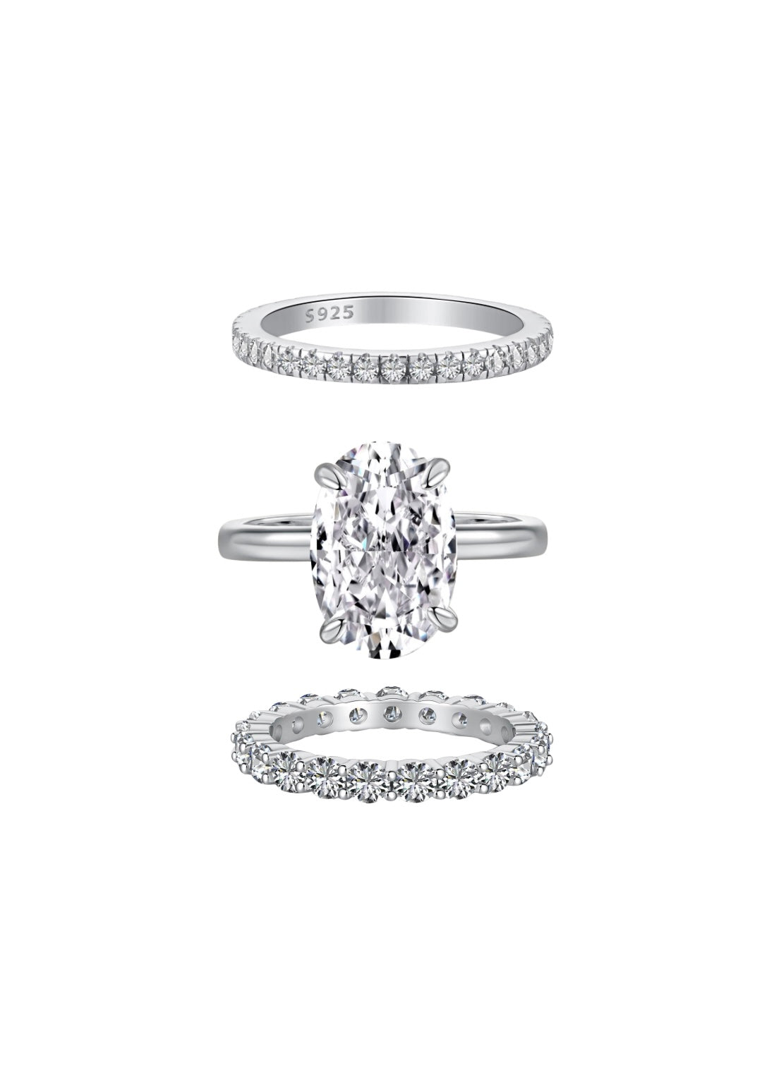 Silver Oval Solitaire Trio Ring Set