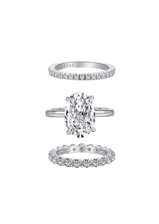 Silver Oval Solitaire Trio Ring Set