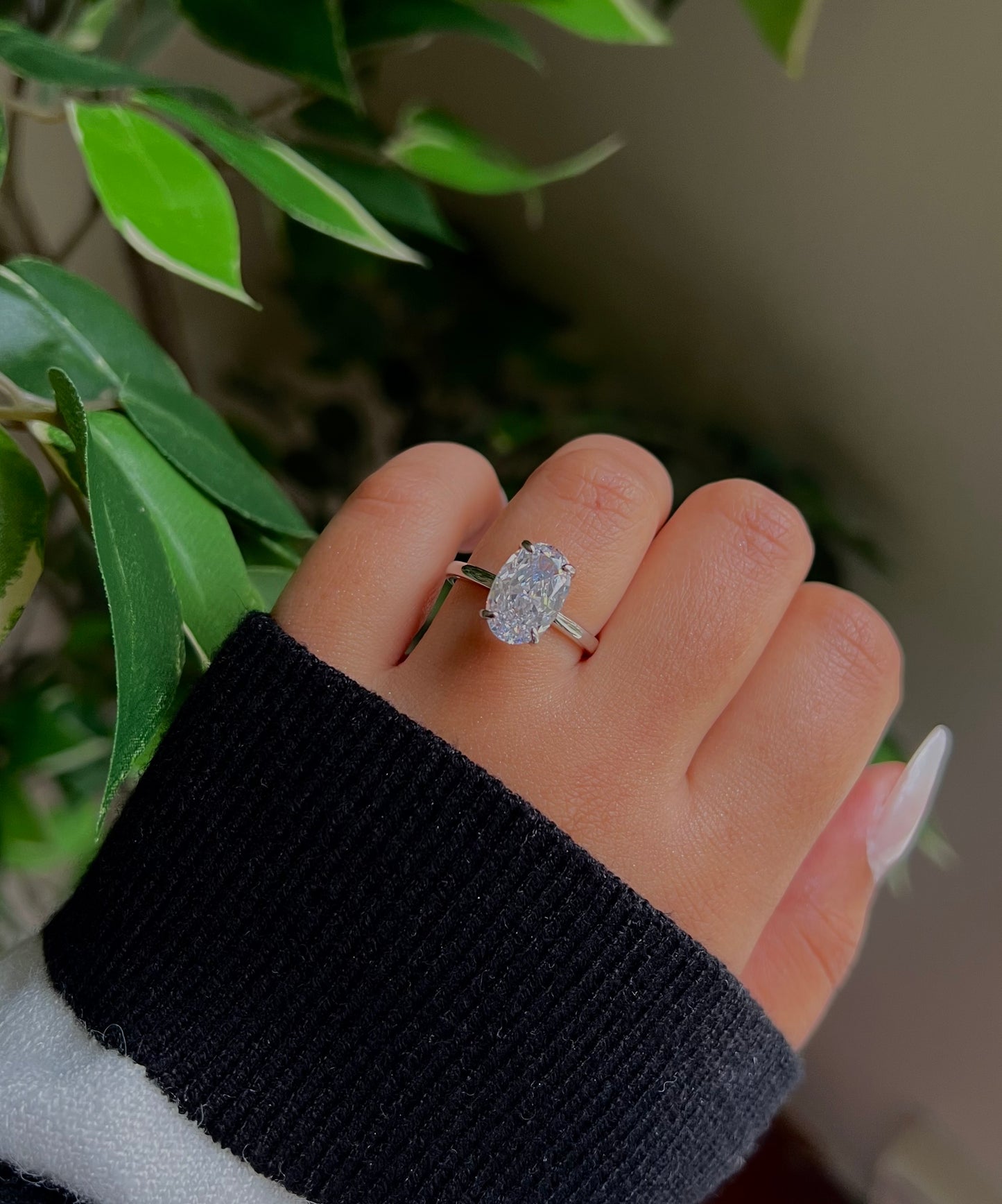 Silver Plain Band Oval Solitaire Ring