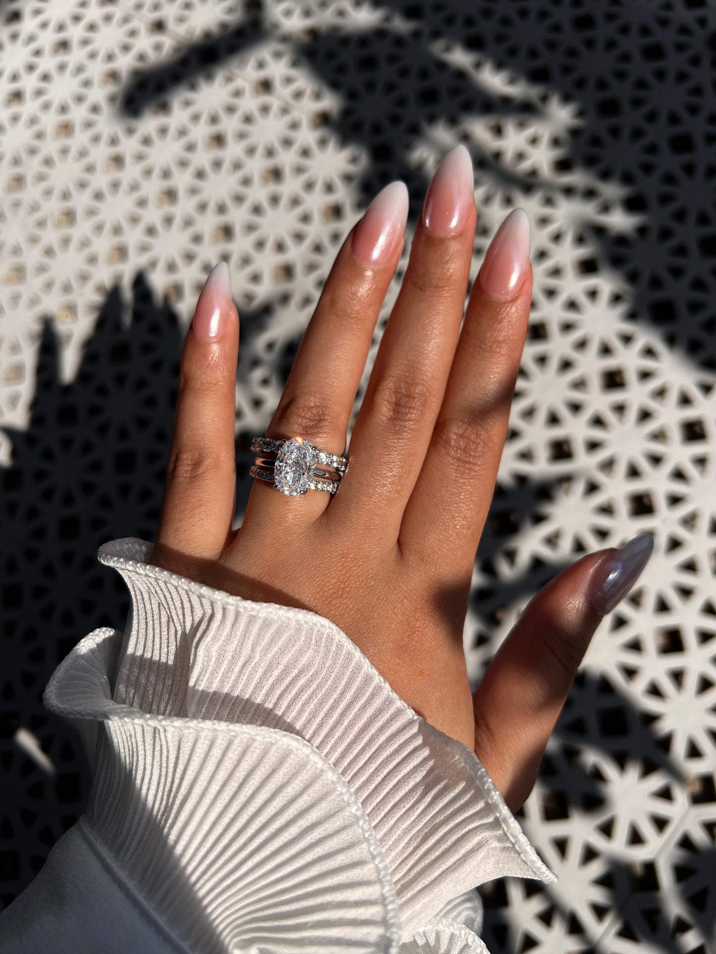 Silver Oval Solitaire Trio Ring Set