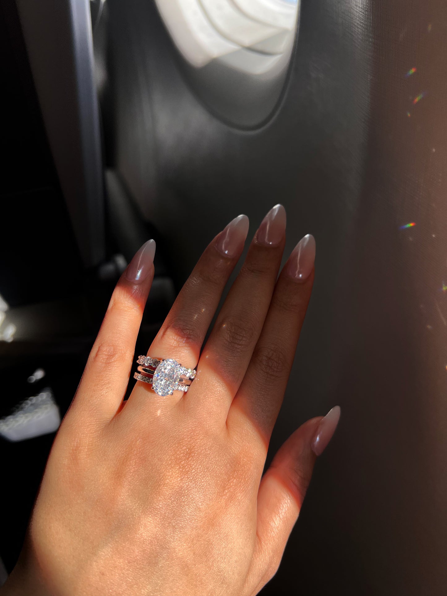 Silver Oval Solitaire Trio Ring Set