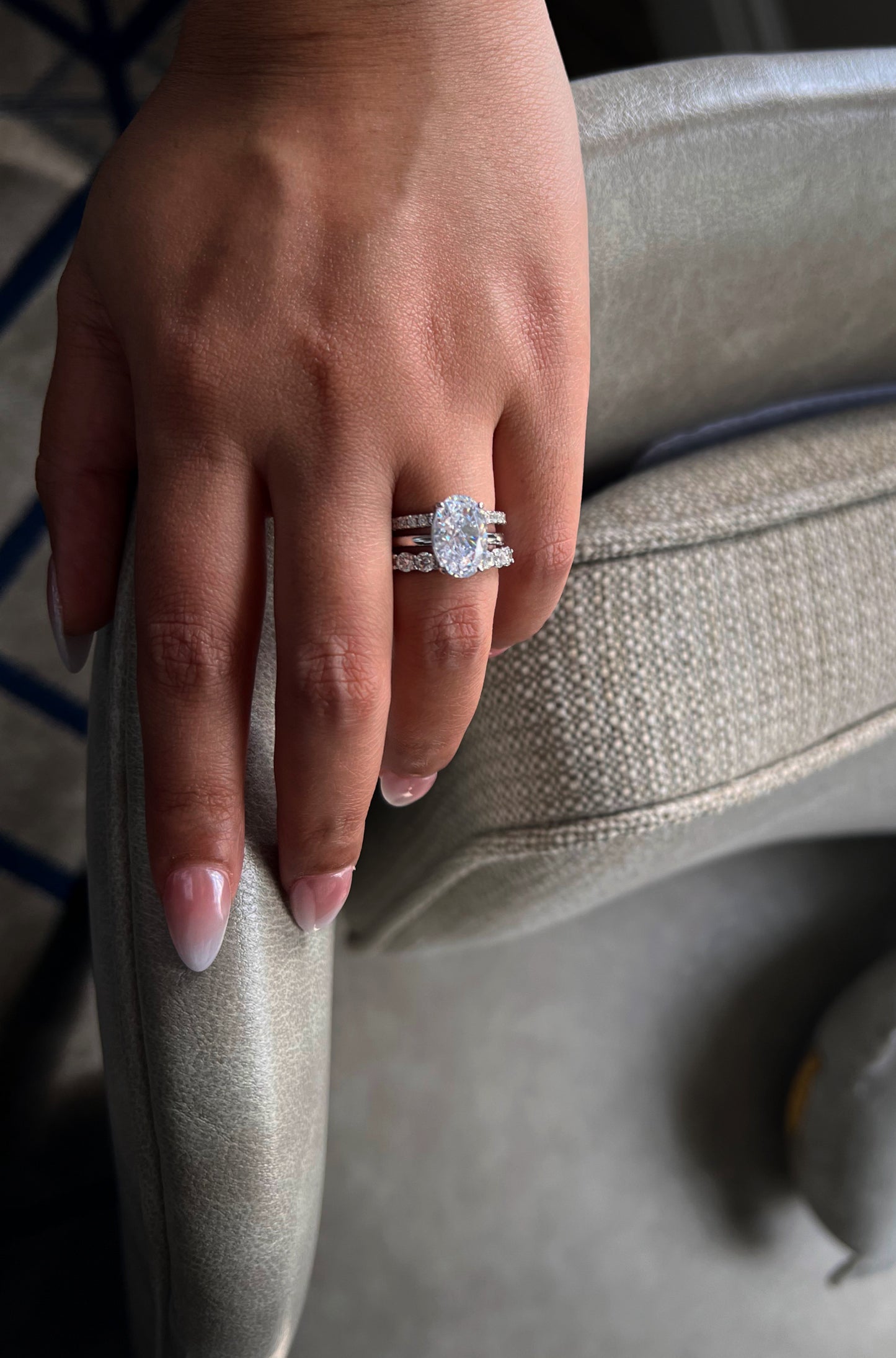 Silver Oval Solitaire Trio Ring Set