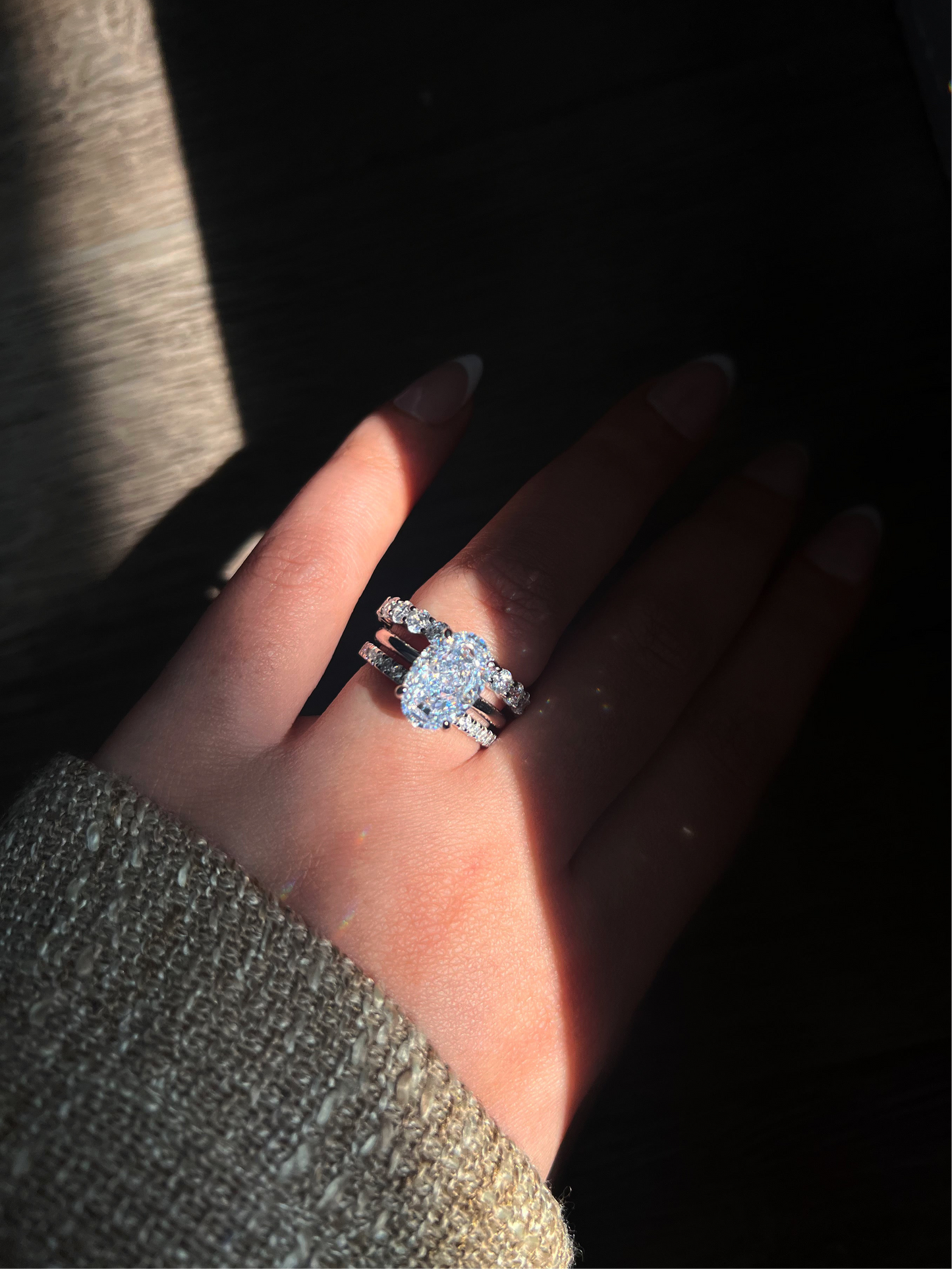 Silver Oval Solitaire Trio Ring Set