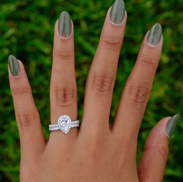 Pear Halo Sterling Silver Ring Set