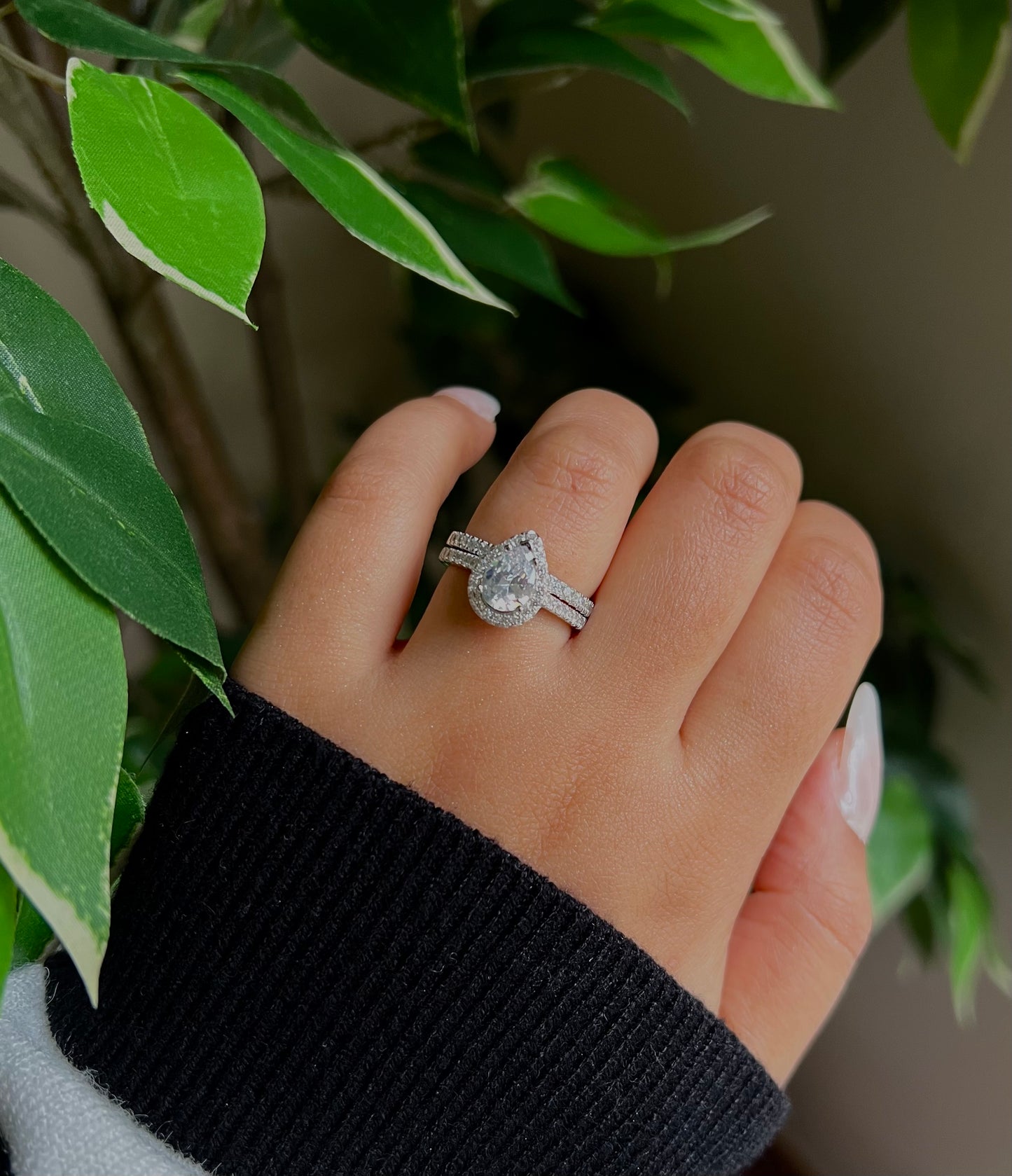 Pear Halo Sterling Silver Ring Set